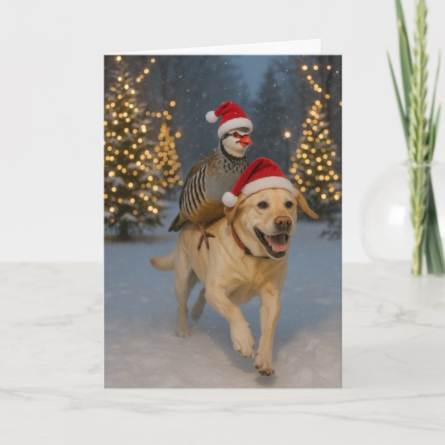 Julkort med gul Labrador och rapphöna Helgkort (Framsida)