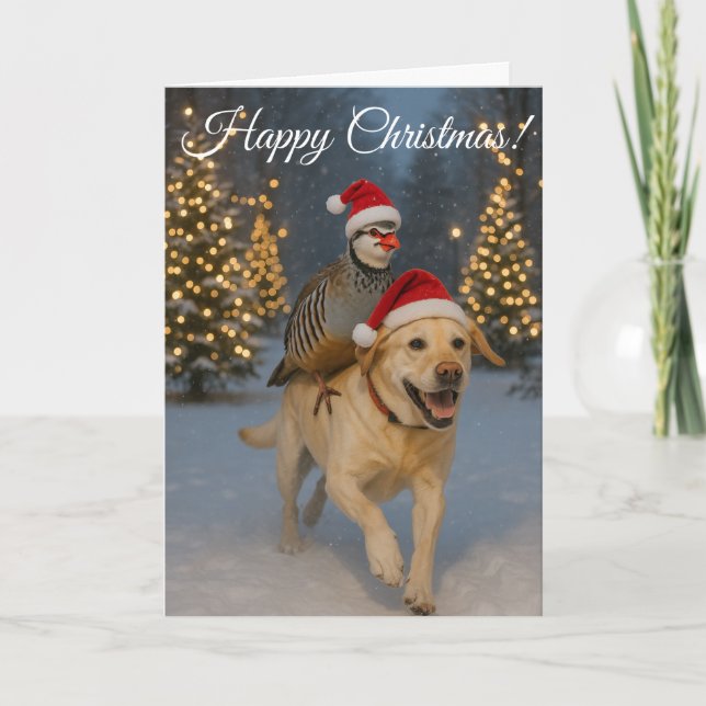 Julkort med gul Labrador och rapphöna Helgkort (Framsida)