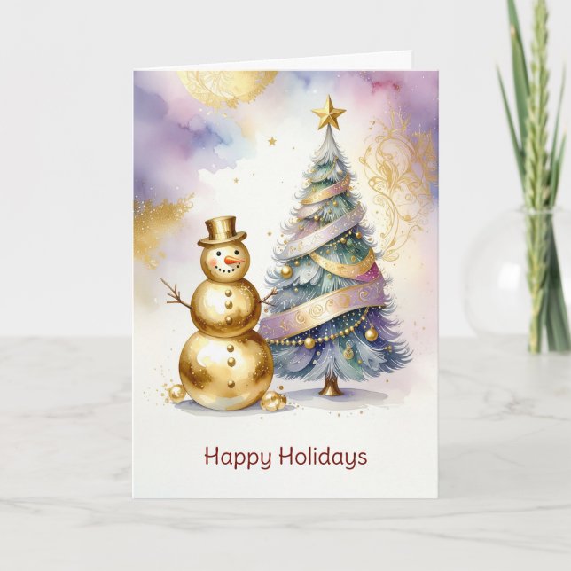 Julkort med guld snöman och julgran kort (Framsida)