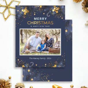 Julkort med gyllenblå Merry Christmas-fotografi