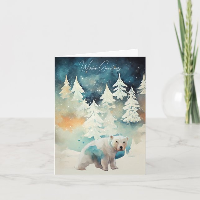 Julkort med Isbjörn och Snöiga Träd Kort (Framsida)