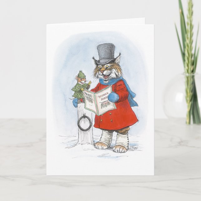 Julkort med julsångande lodjur och mus kort (Framsida)