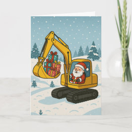 Julkort med jultomten i grävmaskin som lastar pres kort
