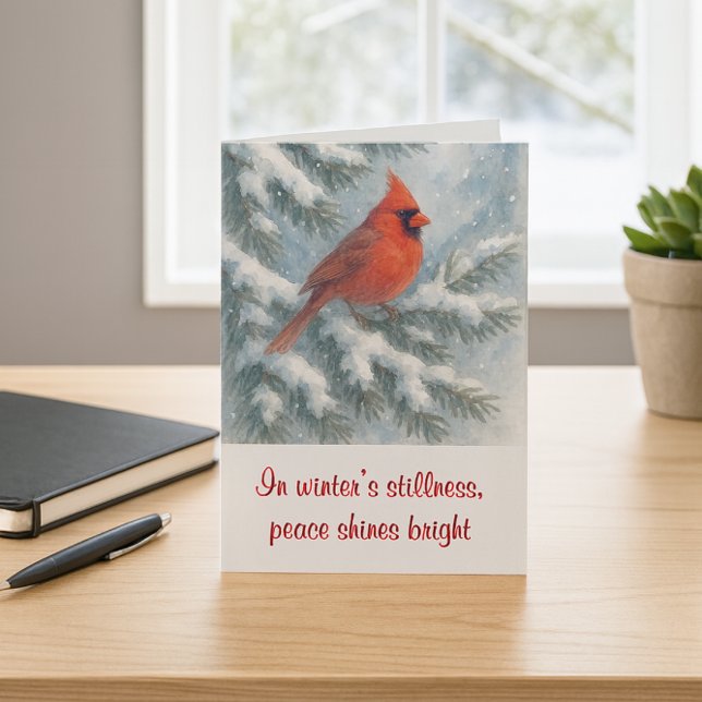 Julkort med kardinal i gran helgkort ("Red cardinal Christmas card with peaceful winter scene—perfect for nature lovers and holiday mail.")
