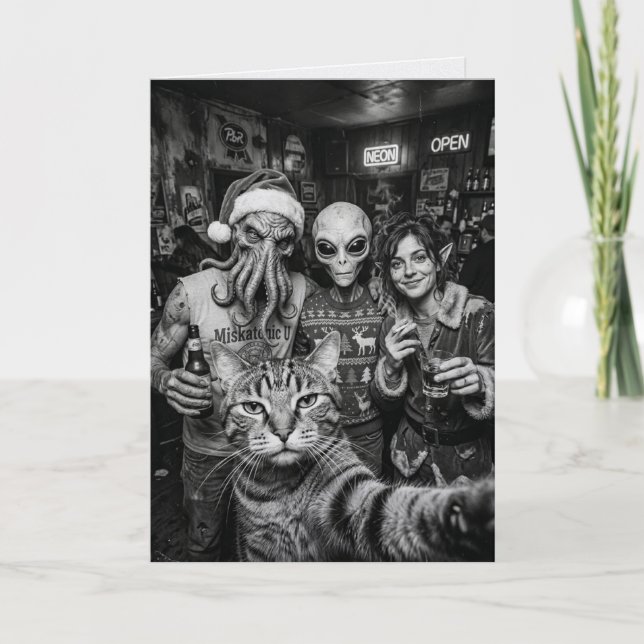 Julkort med katt-selfie, Bigfoot och utomjording Kort (Framsida)