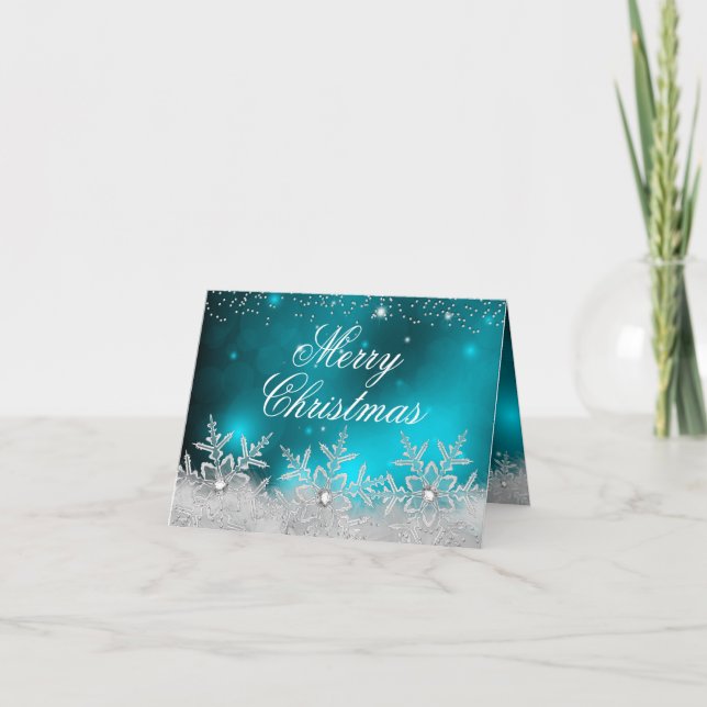 Julkort med kristallsnöflinga i teal helgkort (Framsida)