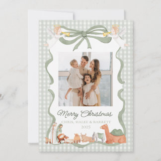 Julkort med kristen julkrubba och familjefoto