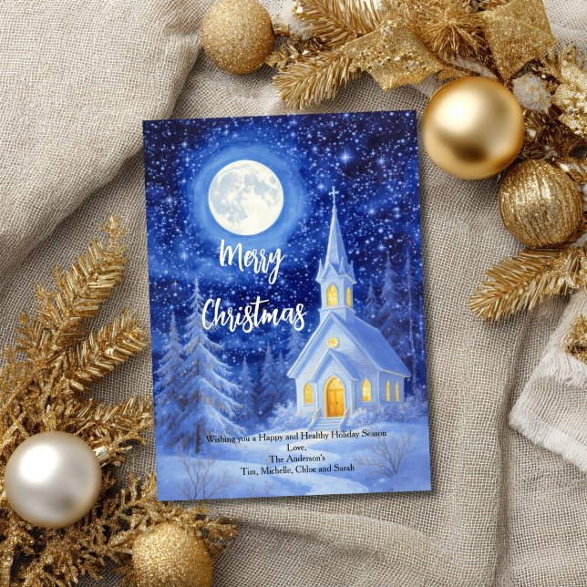Julkort med kyrka i snöiga skogar (Country Church in Snowy Woods Christmas Holiday greeting card. Printed or Digital download)