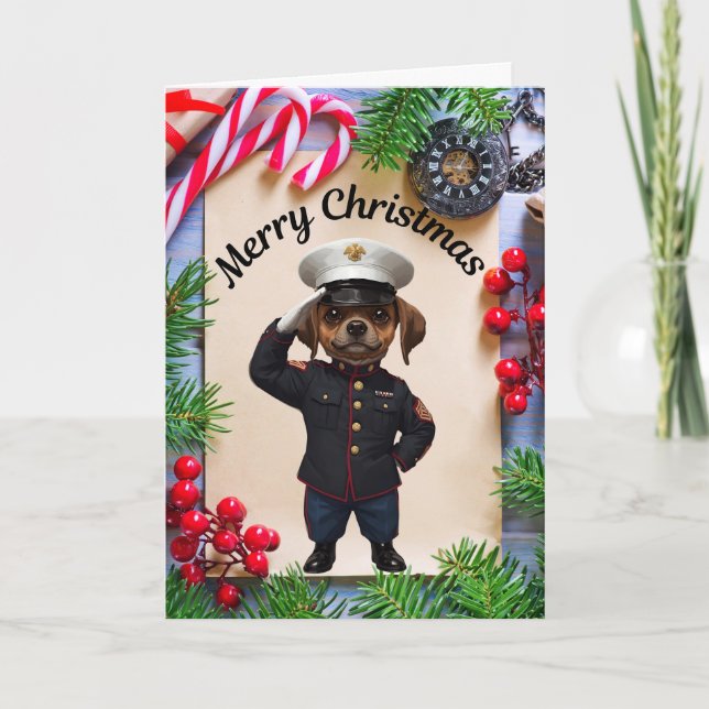 Julkort med marinens hund i militär uniform helgkort (Framsida)