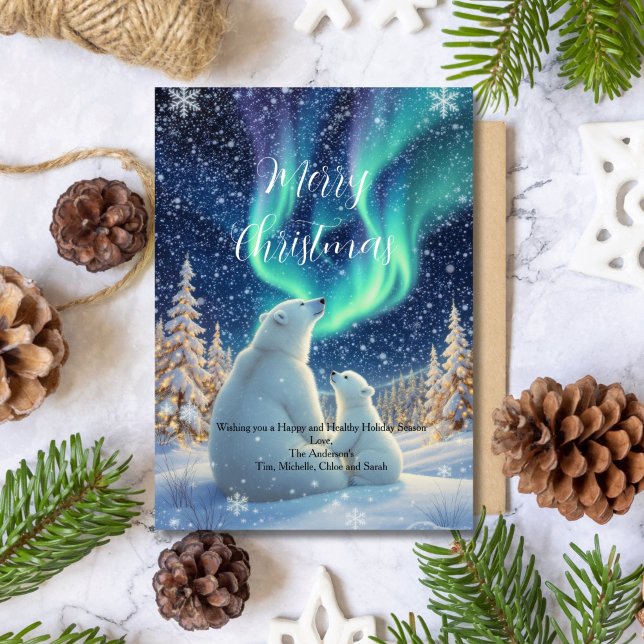 Julkort med Norrsken och Isbjörn (Northern Lights Polar Bears Winter Holiday Christmas Greeting Card. Printed or Digital Download)