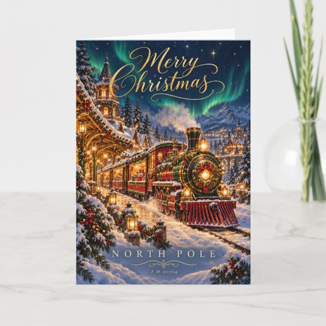 Julkort med North Pole Christmas Train Helgkort (Framsida)