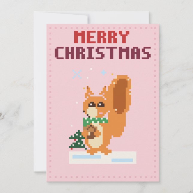 Julkort med Pixel Art i Rosa med Ekorre (Framsida)
