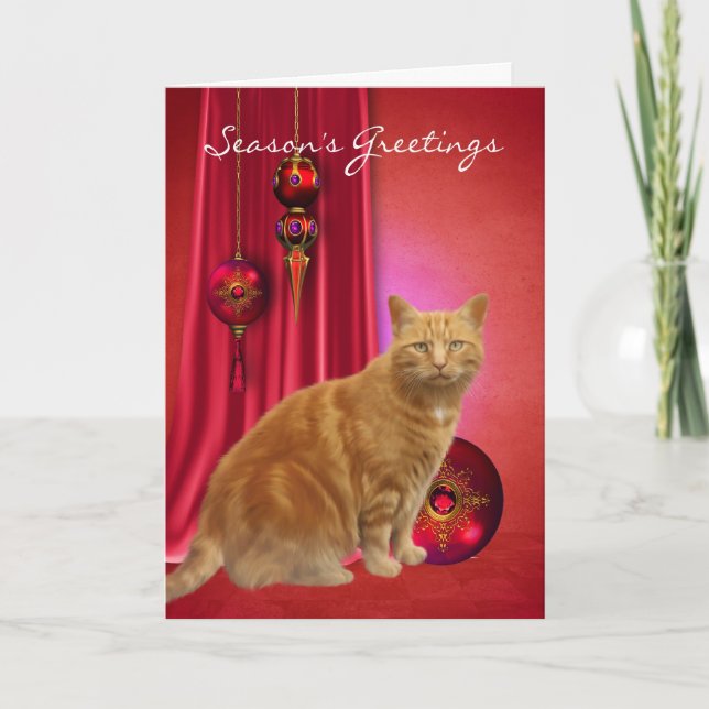 julkort med röd katt och dekorationer helgkort (Framsida)