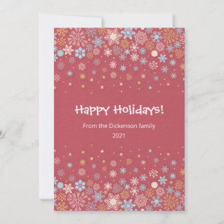 Julkort med rosa, blå och guld snöflingor