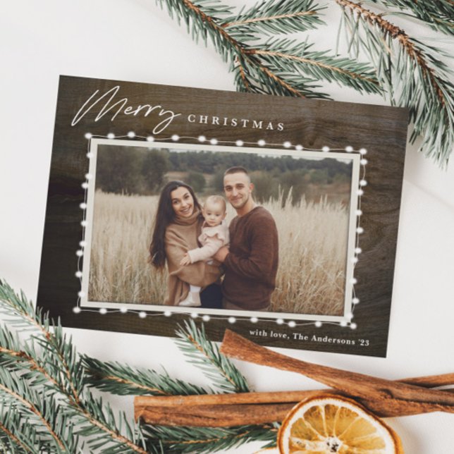 Julkort med Rustika Julbelysningar Foto (Rustic christmas lights photo holiday card.)