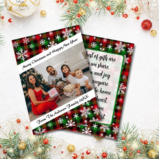 Julkort med rutmönster och snöflinga med dikt (Festive Plaid and Snowflake Holiday Photo Card With Poem)