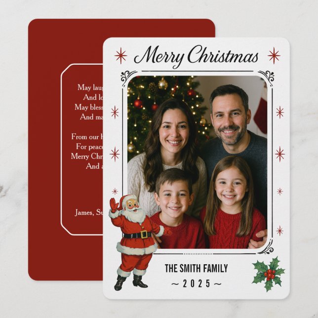 Julkort med Santa & Familj Foto Platt Design Tack Kort (Fram/baksida)