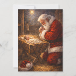 Julkort med Santa knäböjd vid krubban