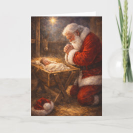 Julkort med Santa på knä vid krubban Helgkort