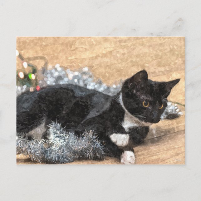 Julkort med Smoking Kattunge Tinselfolie och Ljus Vykort (Framsida)