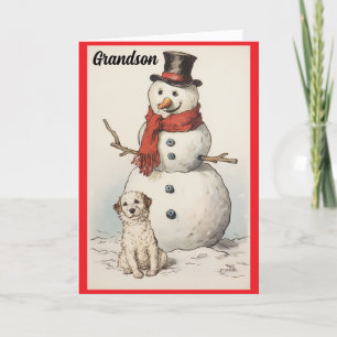 Julkort med sonson, snöman och hund helgkort