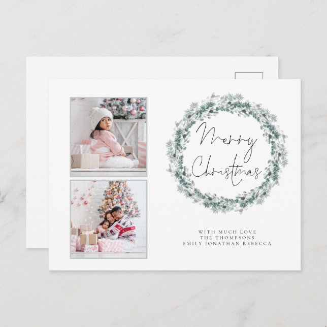 Julkort med teal krans och familjefoto 2 vykort (Fram/baksida)
