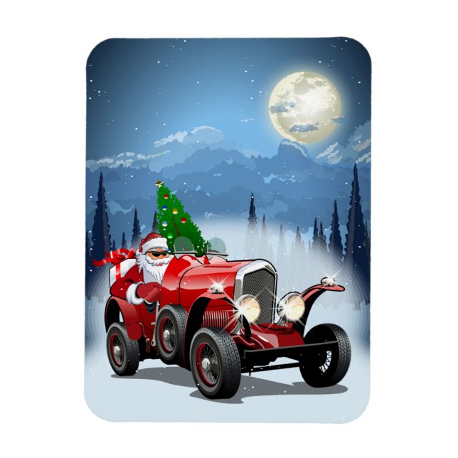 Julkort med tecknad-retrobil och coola-tomte magnet (Vertikal)