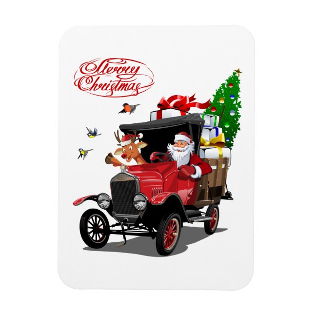 Julkort med tecknad Santa och hjort Magnet (Vertikal)