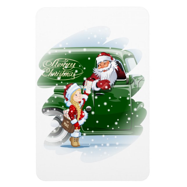 Julkort med tecknad Santa och Snö Maiden Magnet (Vertikal)