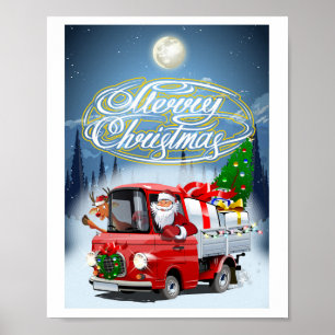 Julkort med tecknad tomtes lastbil poster