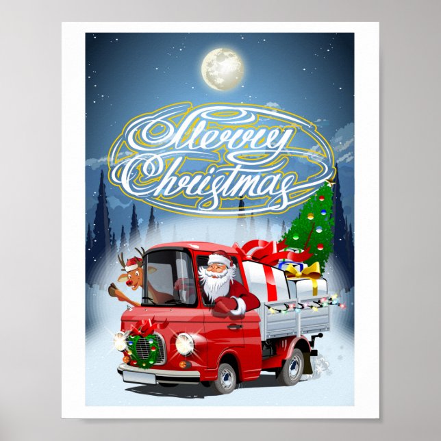 Julkort med tecknad tomtes lastbil poster (Framsidan)