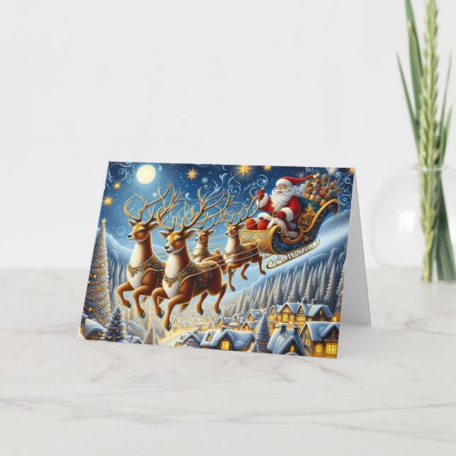 Julkort med Tomte och Gyllene Ren Helgkort (Framsida)
