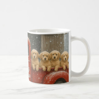 Julkort med valpar av Golden Retriever i lastbil Kaffemugg