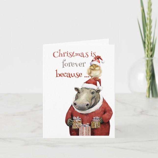 Julkort med vikta bilder av flodhäst och kyckling helgkort (Framsida)