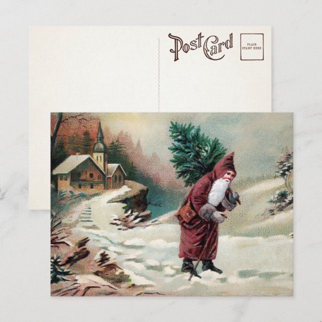 Julkort med viktoriansk tomte och träd vykort (Fram/baksida)