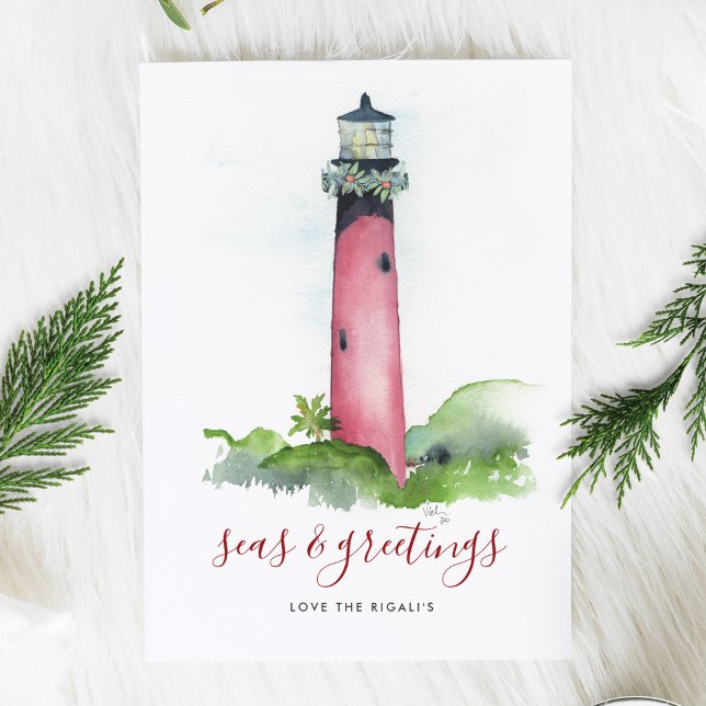 Julkort med Watercolor Lighthouthouse-fack (Christmas Card Beach Watercolor Lighthouse )