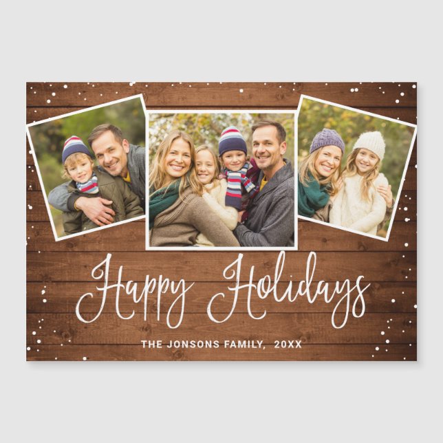 Julkort Rustic Brown Wood 3 PHOTO Magnetic Card (Framsida)