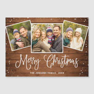 Julkort Rustic Brown Wood 3 PHOTO Magnetic Card