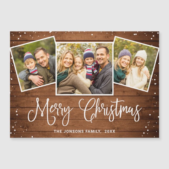 Julkort Rustic Brown Wood 3 PHOTO Magnetic Card (Framsida)