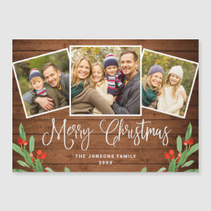 Julkort Rustic Brown Wood 3 PHOTO Magnetic Card