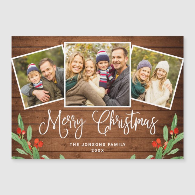 Julkort Rustic Brown Wood 3 PHOTO Magnetic Card (Framsida)