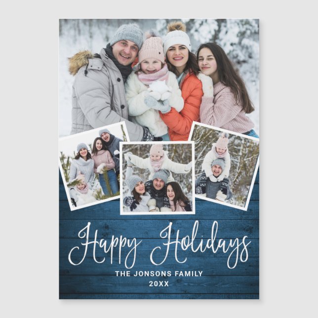 Julkort, rustiskt blått trä 4-FOTO-Magnetiskt kort (Framsida)