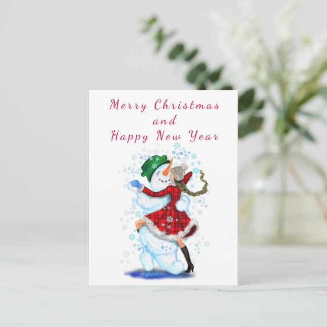 Julkort Snögubbe och flickdoft - Roligt Vykort (Stående Fram)