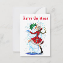Julkort Snömannen och flickan dansar - Kul