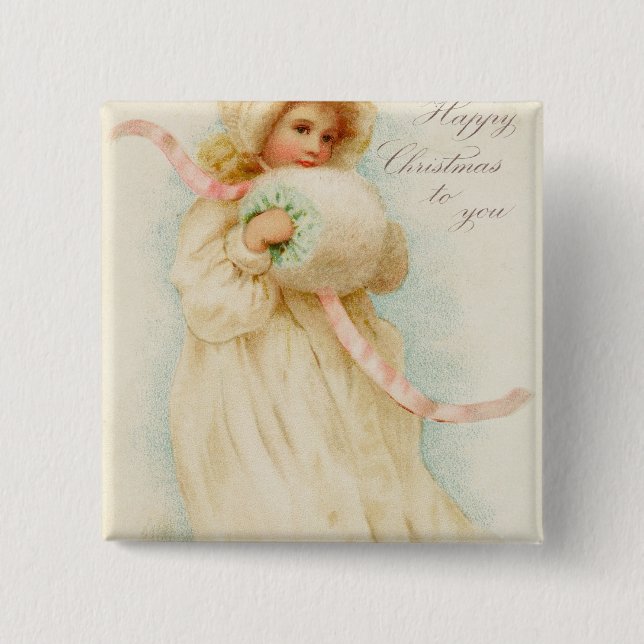 Julkort som visar en flicka med en muff knapp (Framsida)