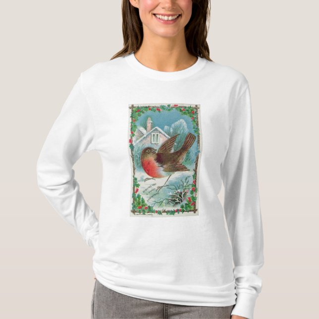 Julkort som visar en robin tee shirt (Framsida)