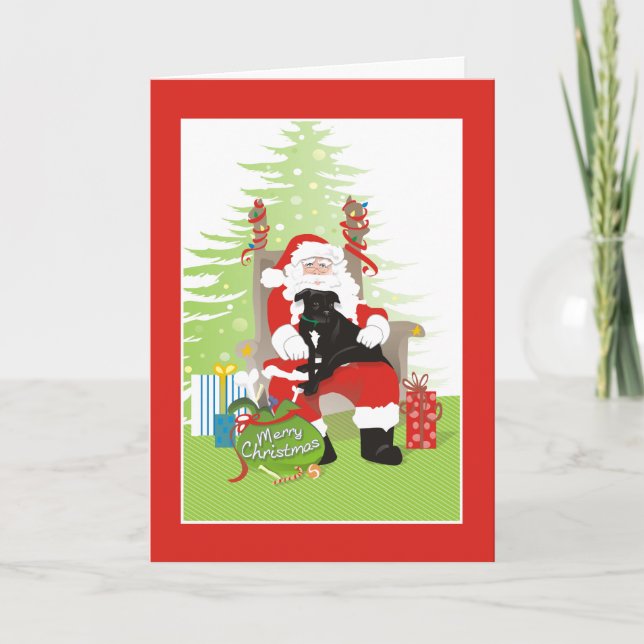 Julkort - svart groptjurhund på Santas varv Helgkort (Framsida)