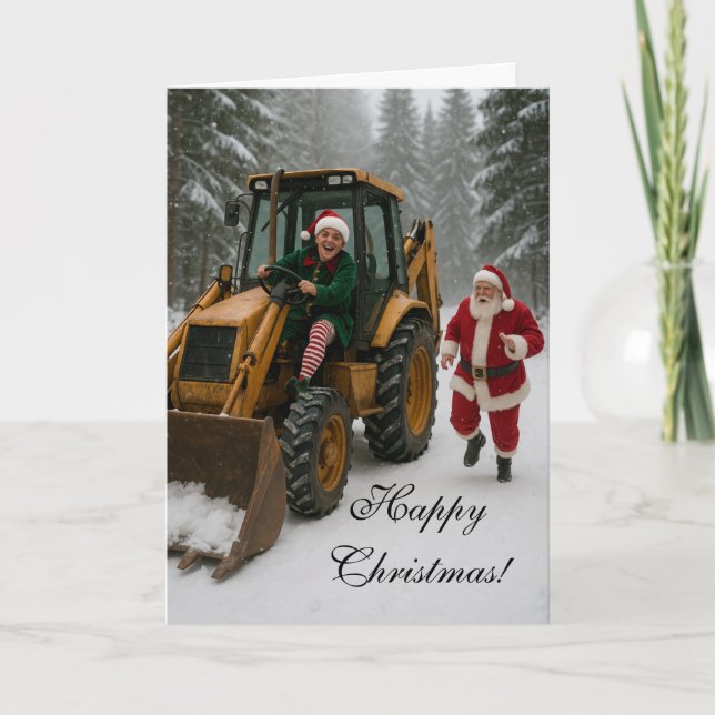 Julkort -  Tomte som stjäl Santas grävmaskin  Kort (Framsida)