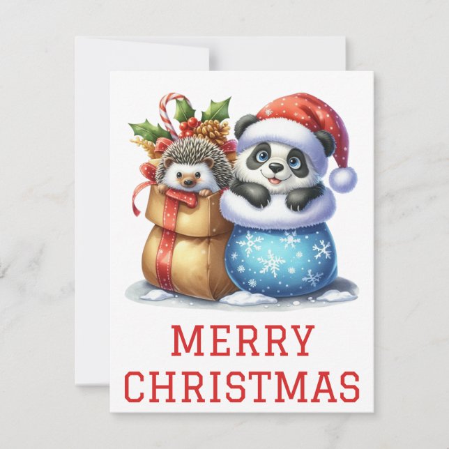 Julkortet Cute Panda Bear och Hedgehog Unge Julkort (Framsida)