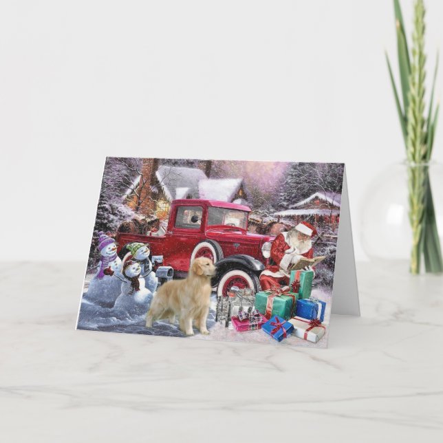 Julkortet Golden Retriever Santa och Snögubbars Ju Helgkort (Framsida)